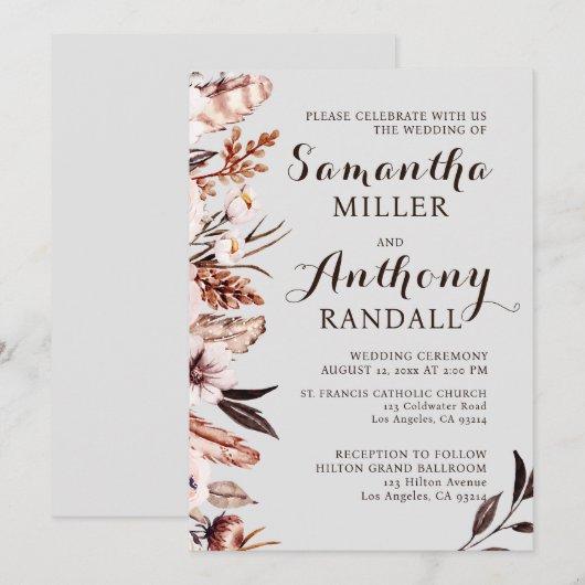 Boho gedempte Waterverf bloemen bruiloft uitnodigi Kaart (Voorkant / Achterkant)