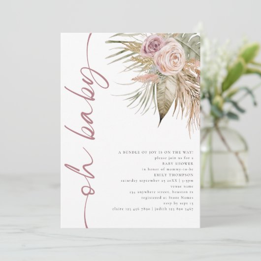 Boho gedraaid script Pampas Roze Oh Baby shower Kaart (Staand voorkant)
