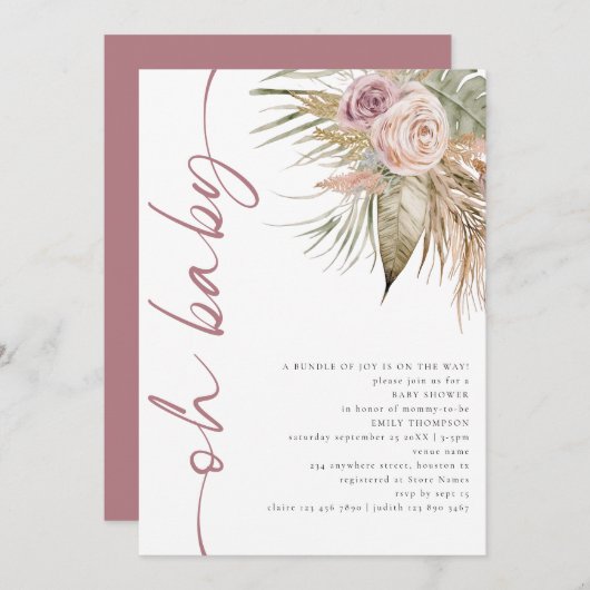 Boho gedraaid script Pampas Roze Oh Baby shower Kaart (Voorkant / Achterkant)