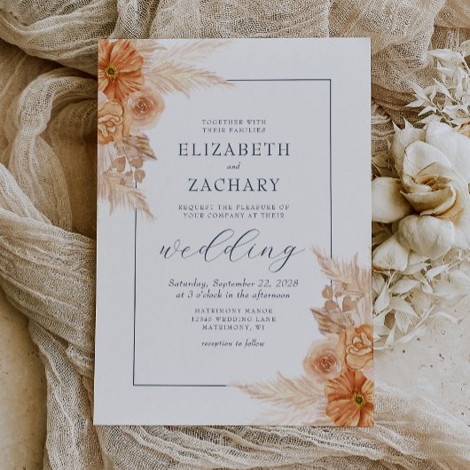 Boho gedroogde bloemen Navy Blue Trouw Kaart
