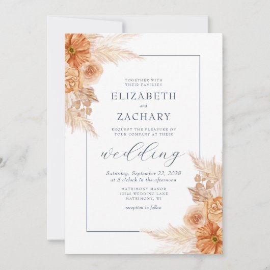 Boho Gedroogde Bloemenmarine Blauwe Bruiloft Kaart (Voorkant)