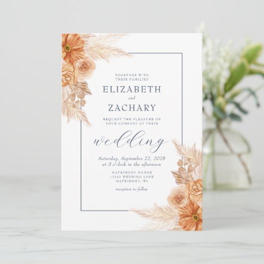 Boho Gedroogde Bloemenmarine Blauwe Bruiloft Kaart (Staand voorkant)