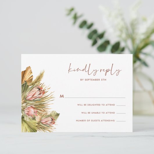 Boho Gedroogde Botanicals Waterverf Bruiloft RSVP  Kaartje (Staand voorkant)