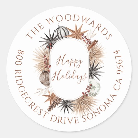 Boho Gedroogde Botanische Kerstfeest Ronde Sticker (Voorkant)