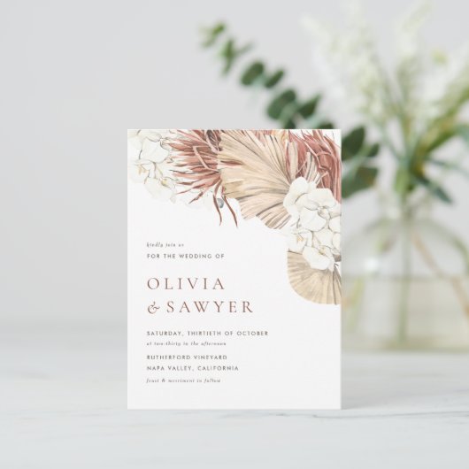 Boho Gedroogde Palmbladeren en Orchideeën QR Code  Uitnodiging Briefkaart (Staand voorkant)