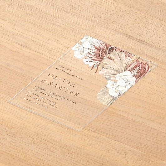 Boho gedroogde palmbladeren en witte orchideeën br acryl uitnodigingen (Laagn)