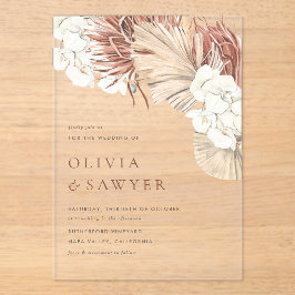 Boho gedroogde palmbladeren en witte orchideeën br acryl uitnodigingen