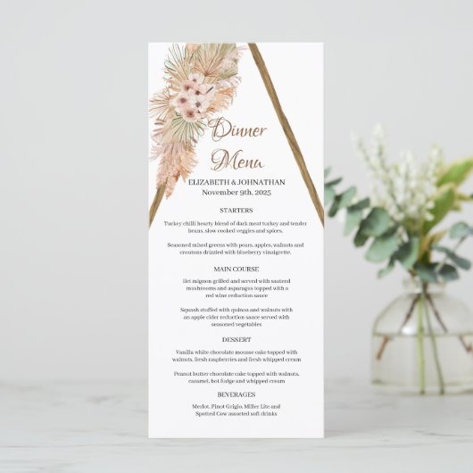 Boho gedroogde palmbladeren Pampas gras houten boo Menu (Staand voorkant)