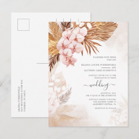 Boho Gedroogde Palmen Pampagras Terracotta Bruilof Uitnodiging Briefkaart (Voorkant / Achterkant)
