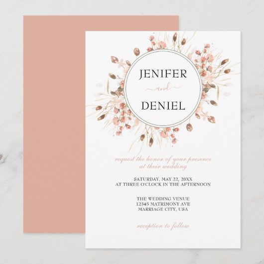 Boho gedroogde waterverf bloemen bruiloft kaart (Voorkant / Achterkant)