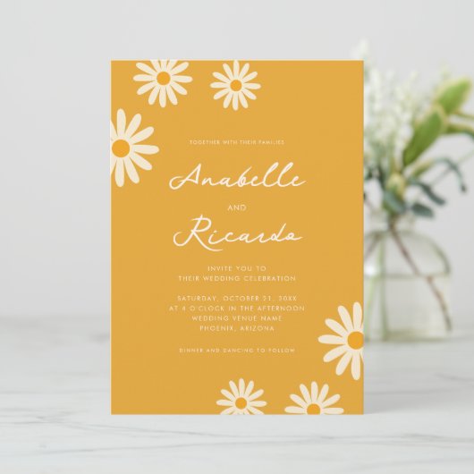 Boho geel Daisy hippie QR code foto bruiloft Kaart (Staand voorkant)