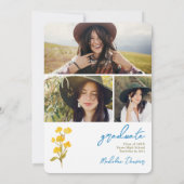 Boho Geel en Blauw Bloemen 3 Foto Afstuderen Kaart (Achterkant)