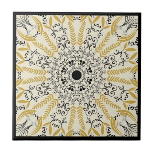 Boho - geel en zwart mandala ontwerp tegeltje