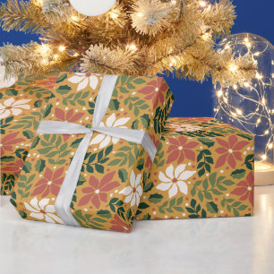 Boho Geel Groen Rood Bloem Kerst Vakantie Cadeaupapier