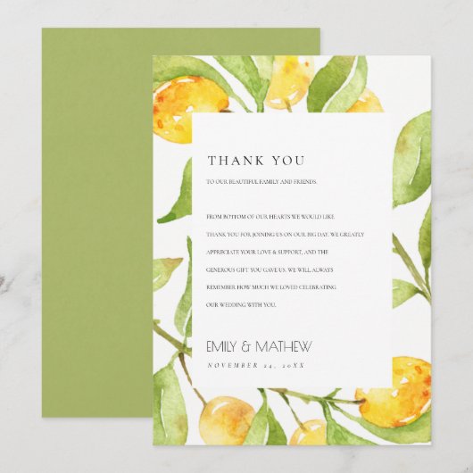 BOHO GEEL GROENE WATERVERF FOLIAGE OLIVE BEDANKKAART (Voorkant / Achterkant)