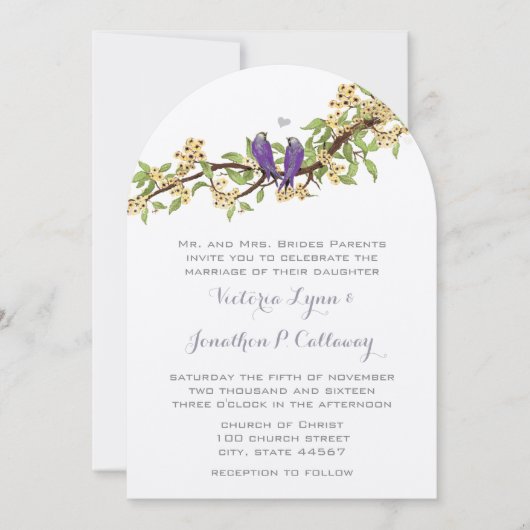Boho Geel Paarse Vogelboog Vorm Wedding Kaart (Voorkant)