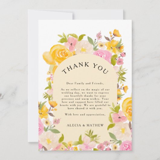 Boho geel roze bloemen rustiek Bruiloft Bedankkaart (Voorkant)