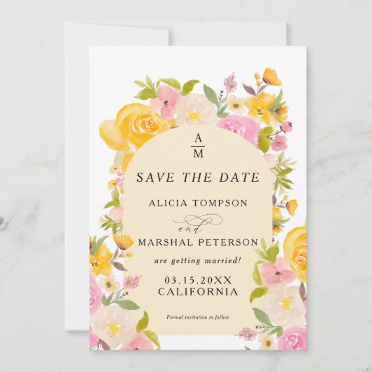 Boho Geel roze bloemenboog chique bruiloft Save The Date (Voorkant)
