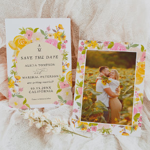 Boho Geel roze bloemenboog chique bruiloft Save The Date