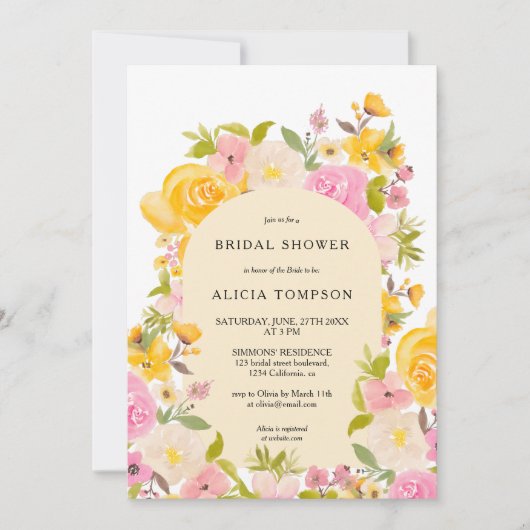 Boho geel roze bloemenboog chique vrijgezellenfees kaart (Voorkant)