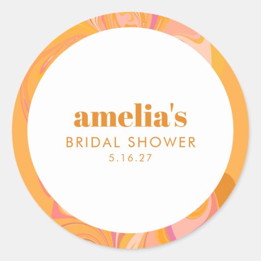Boho Geel Roze Marmer Aangepaste Bruidsdouche Naam Ronde Sticker (Voorkant)