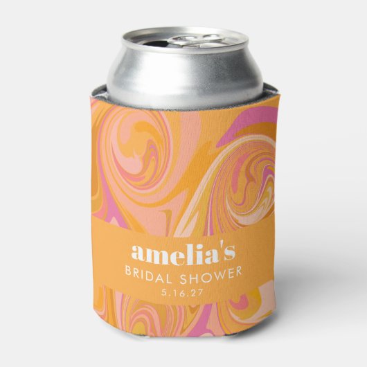 Boho Geel Roze Marmer Aangepaste Bruiloftsshower N Blikjeskoeler (Blikje Voorkant)