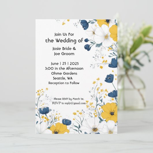 Boho gele witte bloemen bruiloft uitnodiging (Staand voorkant)