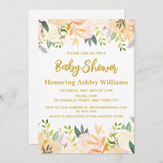 Boho Gender Neutraal Baby shower Wit Goud Bloemen Kaart (Voorkant / Achterkant)