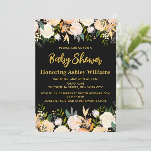 Boho Gender Neutraal Baby shower Zwart Goud Bloeme Kaart (Staand voorkant)