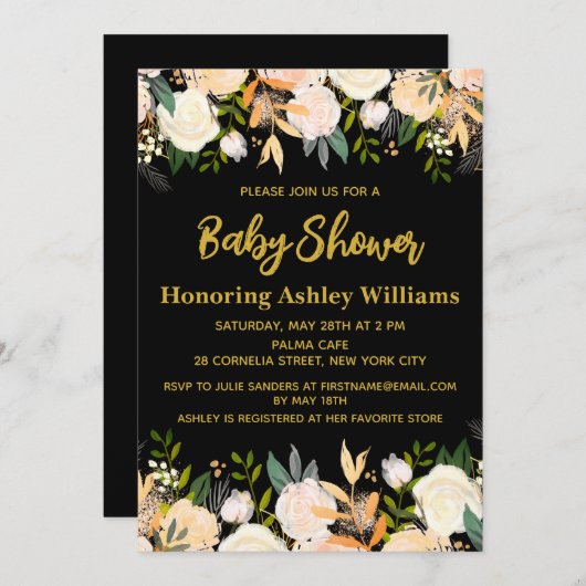 Boho Gender Neutraal Baby shower Zwart Goud Bloeme Kaart (Voorkant / Achterkant)