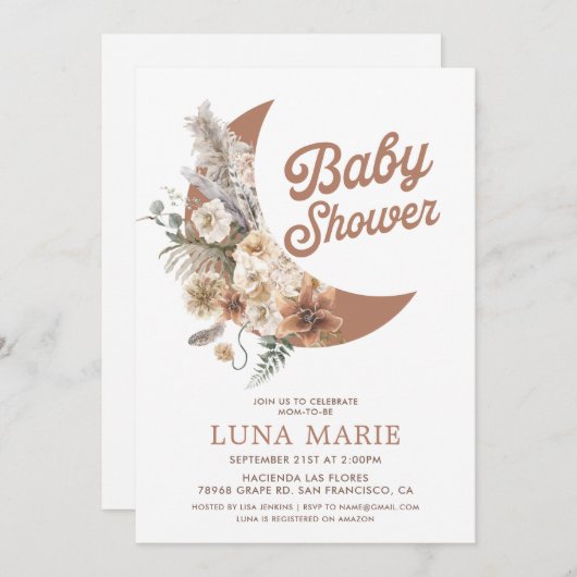 Boho Gender Neutral Moon Baby shower Uitnodiging (Voorkant / Achterkant)