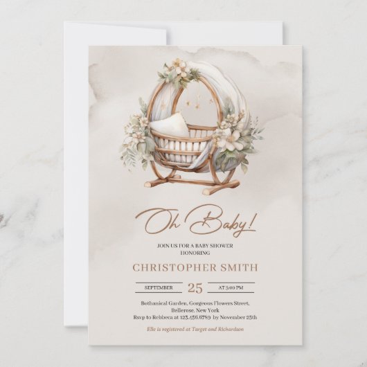 Boho genderneutraal baby wieg bruin & salie geblad kaart (Voorkant)