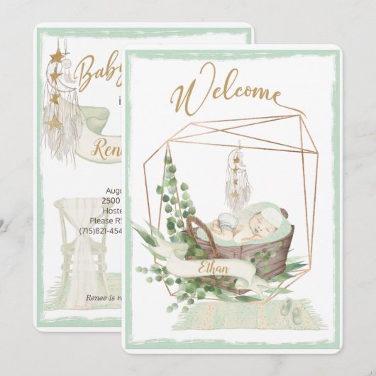 Boho Genderneutraal Waterverf Baby shower Kaart (Voorkant / Achterkant)