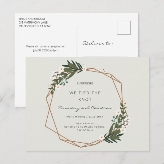 Boho Geometric Gold Greenery Wedding Elopement Aankondigingskaart (Voorkant / Achterkant)
