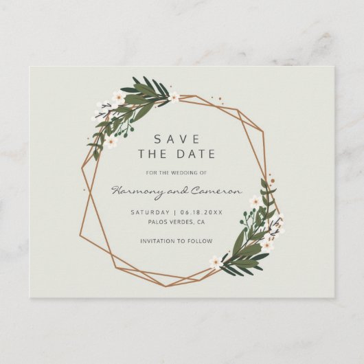 Boho Geometrisch Gouden Frame Groene Save the Date Aankondigingskaart (Voorkant)