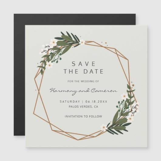 Boho Geometrisch Gouden Frame Groene Save the Date Magnetische Uitnodiging (Voorkant / Achterkant)