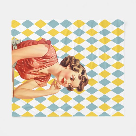 Boho geometrisch patroon met 50s ladys geel blauw fleece deken (Voorkant (Horizontaal))