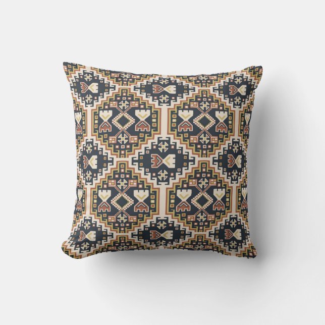 Boho Geometrisch Zwart Geel Tan Patroon Kussen (Voorkant)