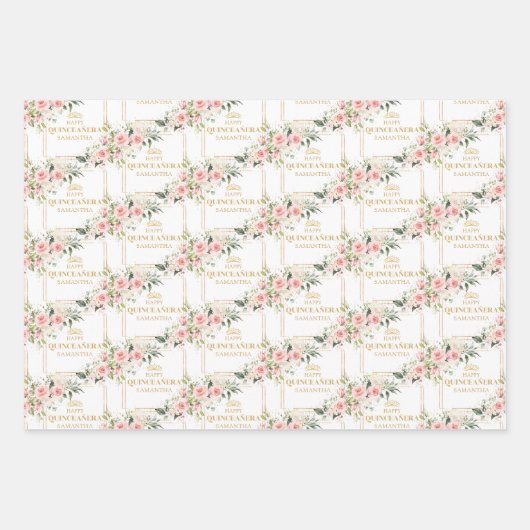 Boho gepersonaliseerde blush rozen gouden quincean inpakpapier vel (Voorkant)