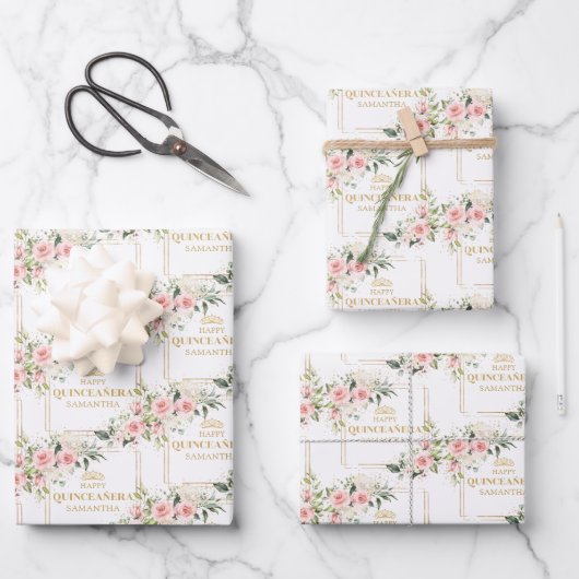 Boho gepersonaliseerde blush rozen gouden quincean inpakpapier vel (Voorkant)