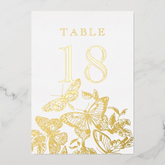 Boho Geschetterde Vlinders Gouden Tafel Nummers Folie Uitnodiging (Voorkant)