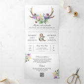 Boho Geweien Bloemen Bloem QR Code Bruiloft Drieluik Uitnodiging (Binnen)