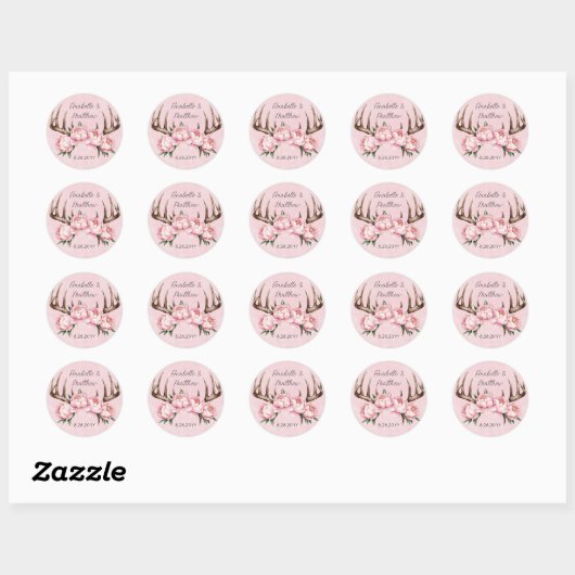 Boho Geweih mit Roze Pioenrozen Ronde Sticker (Vel)