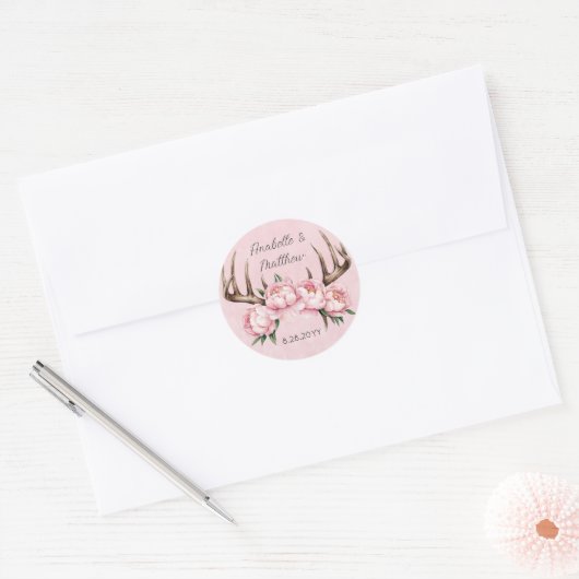 Boho Geweih mit Roze Pioenrozen Ronde Sticker (Envelop)