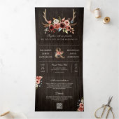 Boho Geweih Terracotta Bloem QR Code Houten Bruilo Drieluik Uitnodiging (Binnen)