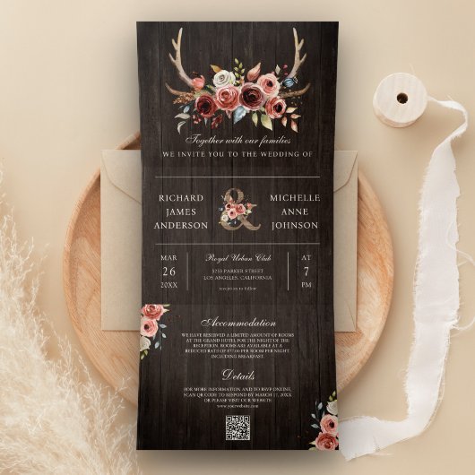 Boho Geweih Terracotta Bloem QR Code Houten Bruilo Drieluik Uitnodiging