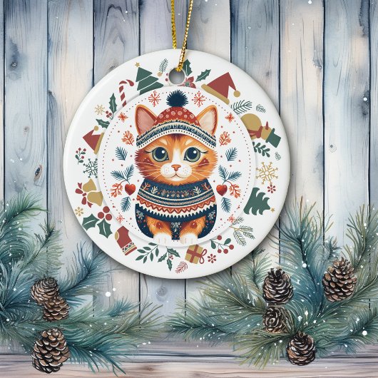 Boho Ginger Cat in Blauwgroen wintertrui Kerst Keramisch Ornament