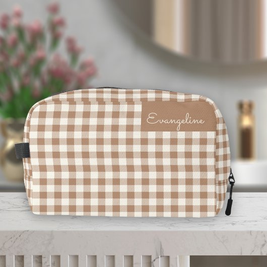 Boho Gingham Patroon Geruit Bruin Naam Toilettasje