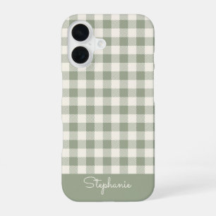 Boho Gingham Patroon Geruit Geblokt Salie Naam iPhone 16 Hoesje