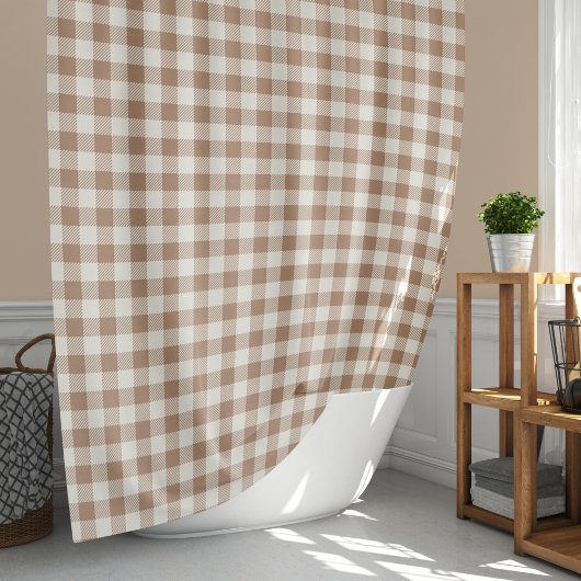 Boho Gingham Patroon Geruit Geblokt Taan Bruin Douchegordijn
